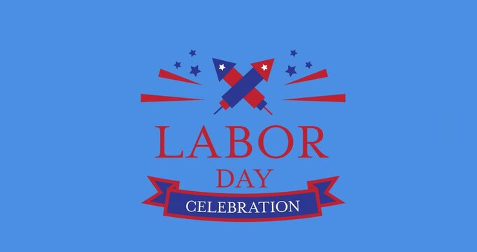 Digital animation of concentric circles effect over labor day text banner against blue background