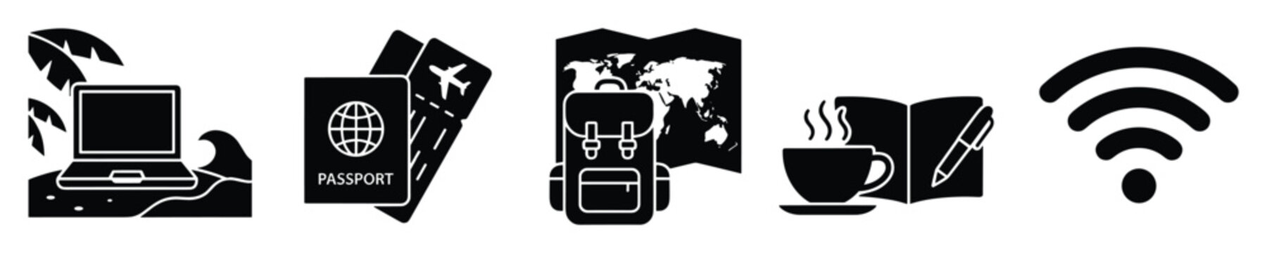 Essential travel and digital nomad glyph icons presenting a laptop, passport, backpack, coffee, book, and WiFi, perfect for remote work, global adventure, and leisure activity concepts