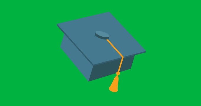 Digital animation of graduation hat icons against black background