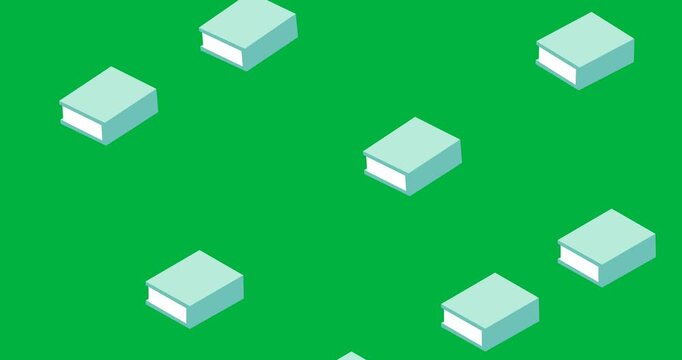 Digital animation of multiple green books icons against black background