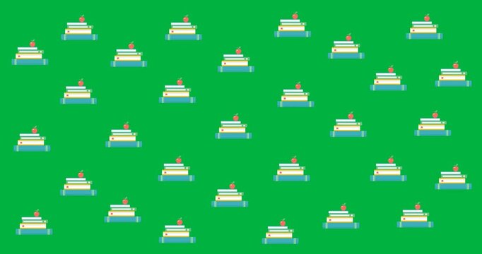 Digital animation of multiple pencil and stack of books icons floating against black background