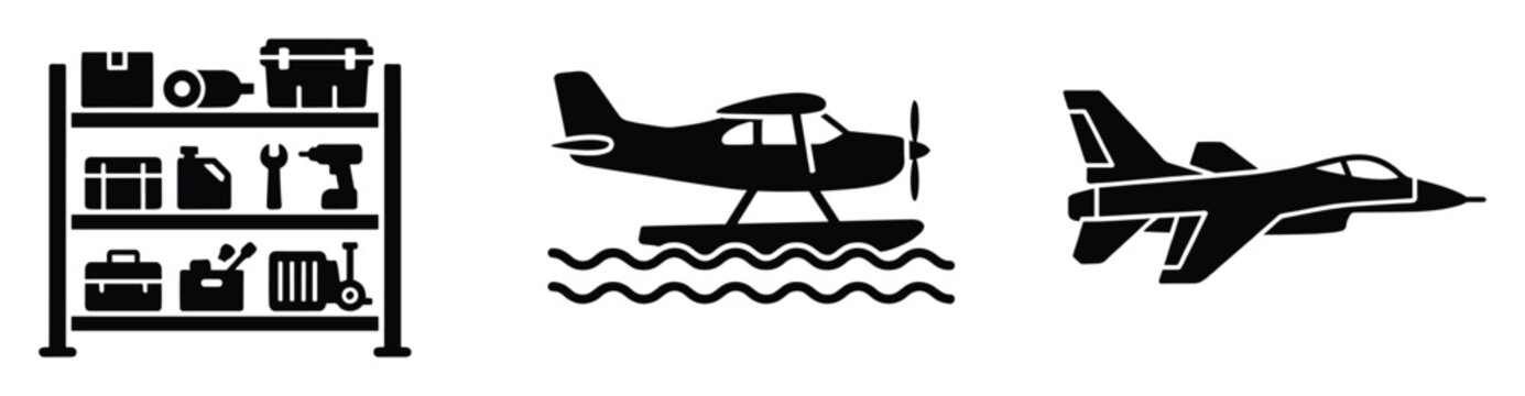 Industrial storage shelf filled with garage tools, a floatplane on water, and a military fighter jet aircraft offering versatile icon assets for transportation, aviation, and maintenance