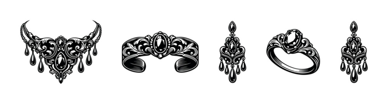 Elegant jewelry set vector illustration featuring necklace earrings ring in intricate silhouette style