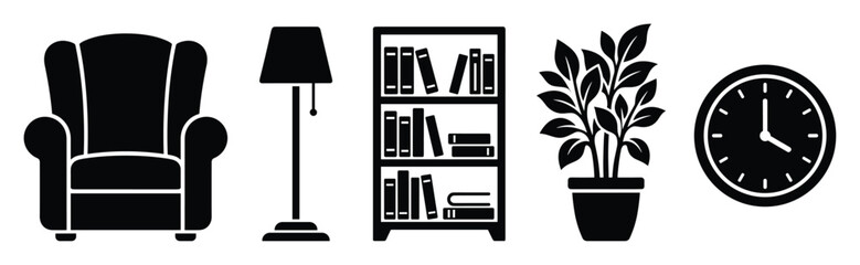 Fototapeta premium A collection of interior furniture and home accessory icons featuring an armchair floor lamp bookshelf houseplant and wall clock for cozy living space concepts or household item graphics