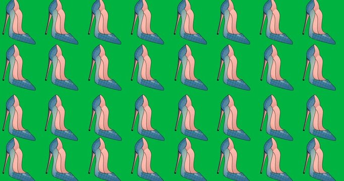 Digital animation of multiple blue female shoes icons in seamless pattern on black background