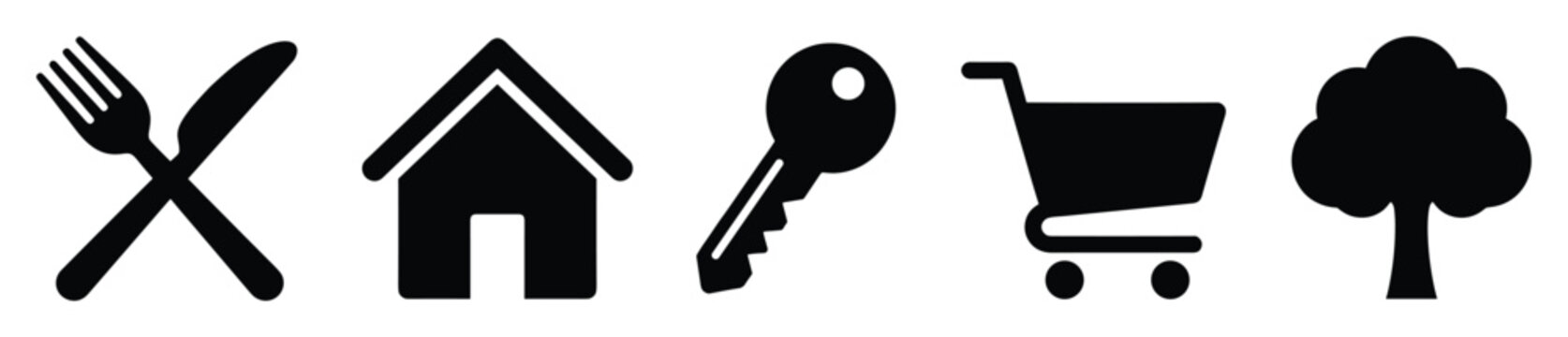 Collection of essential universal glyphs representing everyday life concepts like dining, shelter, property, commerce, and environment, perfect for general purpose graphic design and user