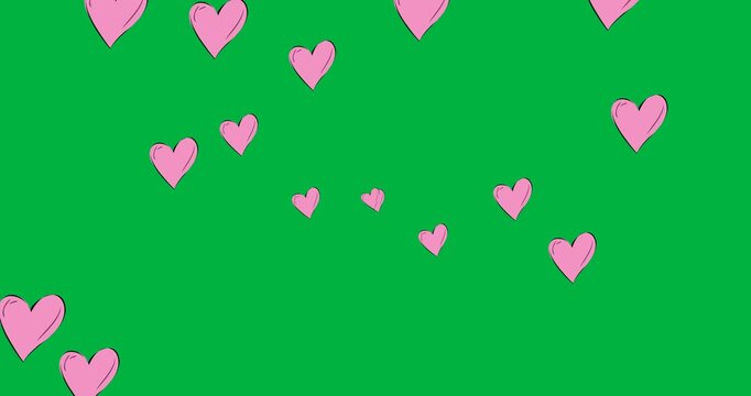 Digital animation of pink heart icons floating against black background