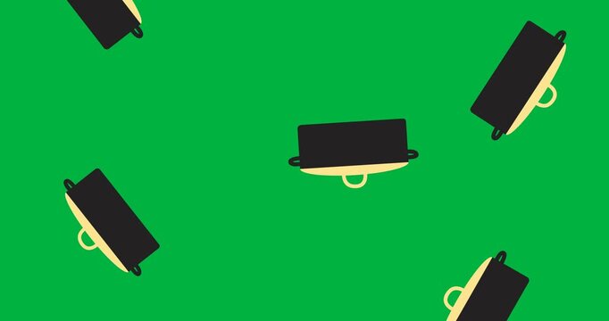 Digital animation of multiple cooking pot icons falling against black background