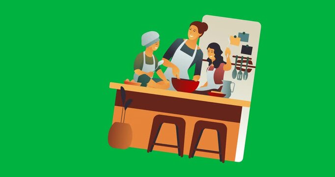 Digital animation of family cooking in the kitchen at home icon against black background
