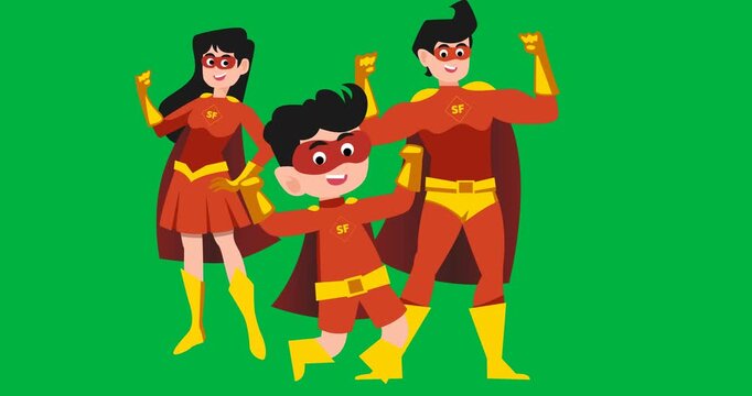 Digital animation of family in superhero costumes icon against black background