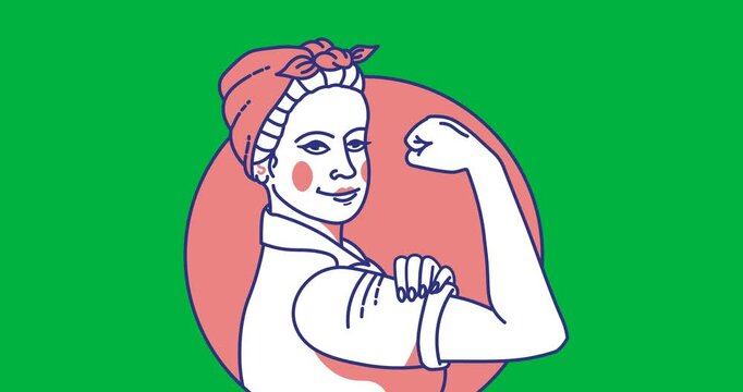 Digital animation of woman flexing her biceps icon over orange banner against black background