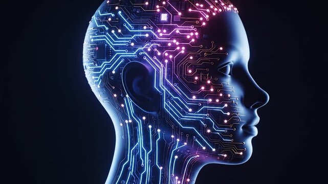 Human head with glowing circuit board for commercial backgrounds, digital design, and advertising