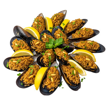 Traditional stuffed mussels with rice and herbs, midye dolma seafood appetizer, mediterranean stuffed mussels with lemon wedges isolated on white