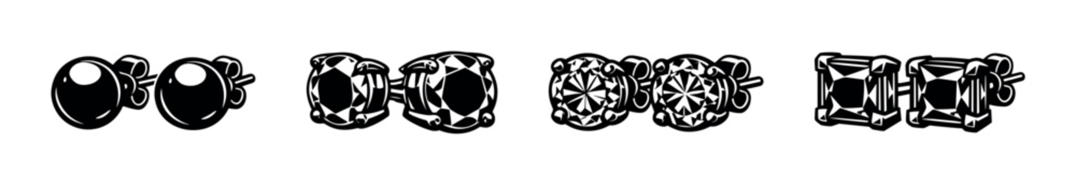 Black and white vector illustrations of various stud earrings silhouette clipart