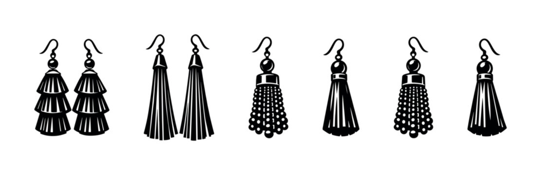 Black and white silhouette of various tassel earrings, jewelry design, vector illustration