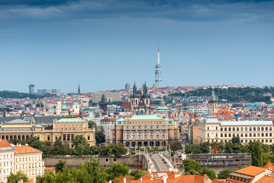 Prague city skyline with Zizkov Television Tower. Czech Republic