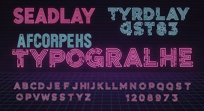 Retro neon alphabet font design with glowing lines and grid background