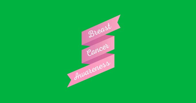 Digital animation of breast cancer awareness text over pink ribbon against black background