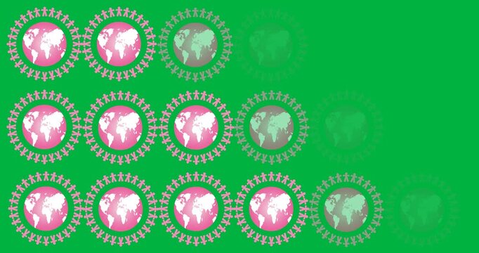 Multiple people holding hands around a globe icons against black background