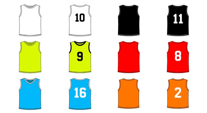 A vibrant collection of blank and numbered sleeveless athletic shirts, perfect for designing custom team uniforms or sports apparel concepts in various colors and styles