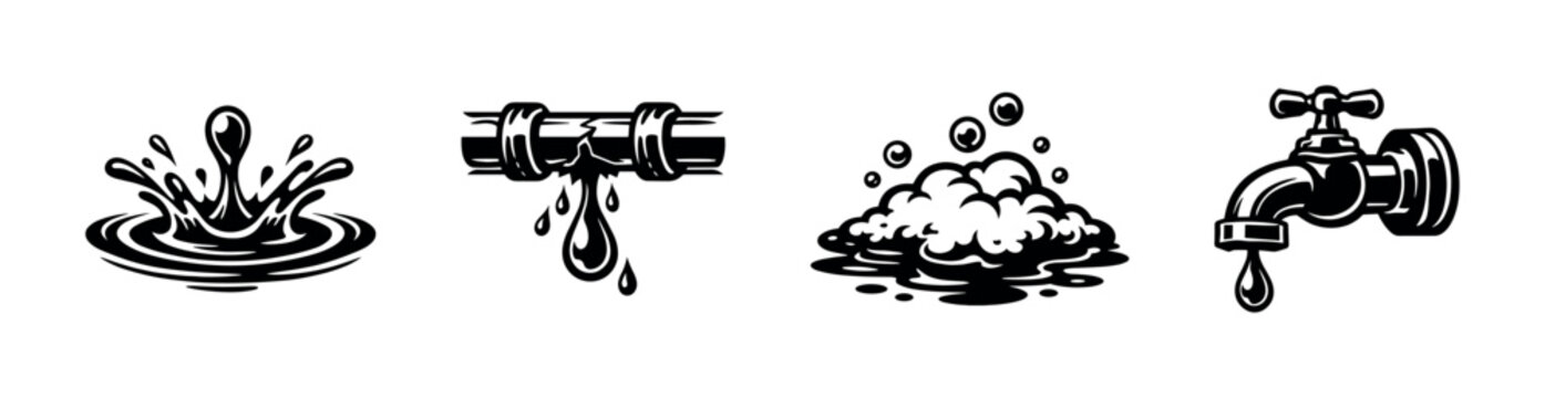 Vector illustration of plumbing elements featuring leaky pipes and tap with water droplets silhouette