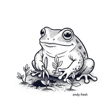 A cute little frog sitting outdoors.