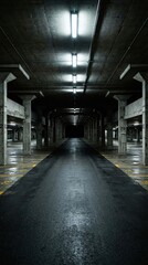 Naklejka premium An empty underground parking garage with concrete pillars and overhead fluorescent lights leading into darkness. Moody industrial atmosphere with strong perspective. Ideal for urban design themes.