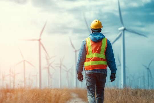Engineer Walking at Wind Farm
