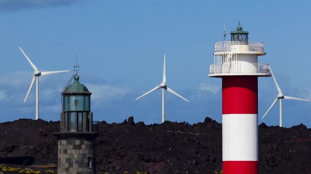 Aerial View Fuencaliente Lighthouse at Southern Point of La Palma Canary Islands Spain; Maritime Navigation Faro and Atlantic Ocean Coast