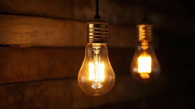 Two lit incandescent light bulbs hanging, one in focus. Wooden background and dark space