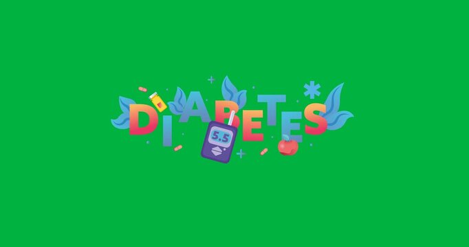 Digital animation of diabetes text banner with multiple icons against black background