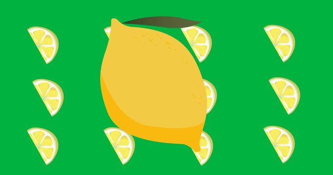 Digital animation of lemon icon against multiple lime slice icons spinning on black background