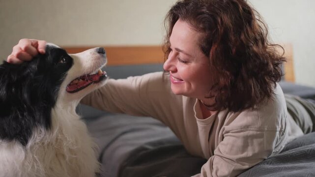 Smiling woman playing with cute puppy dog border collie on bed at home indoor. Owner girl stroking holding dog friend sitting on sofa in living room. Love for pets friendship support team concept