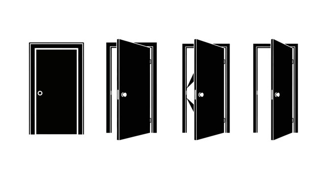 Vector illustration of doors in various stages of opening and closing, from a fully shut position to wide open, symbolizing access, opportunity, and transition