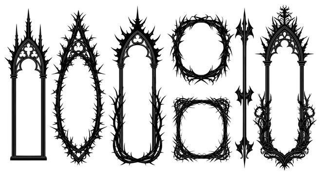 Collection of Intricate Gothic Ornamental Frames and Arches, Evoking a Dark Fantasy Aesthetic with Spiky Architectural Details and Elegant Decorative Elements for Creative Design Projects
