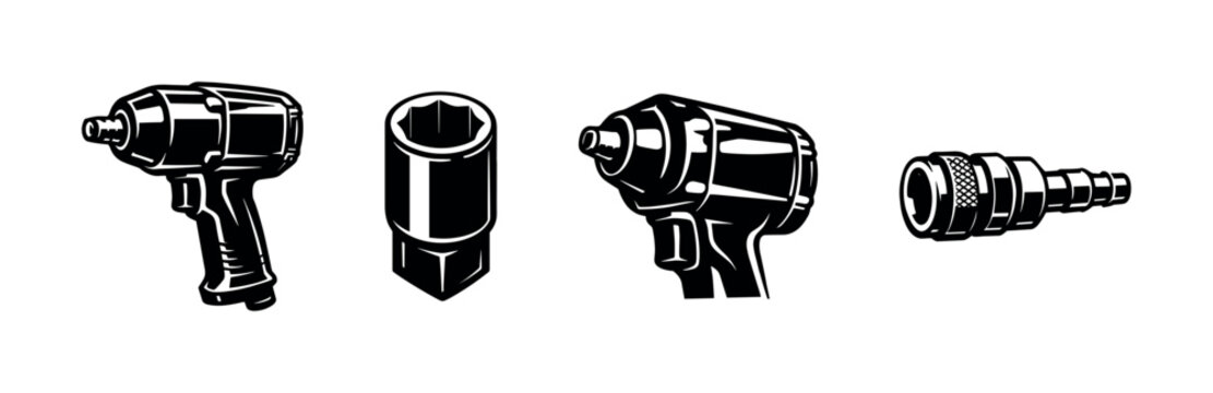 Vector illustration of black and white pneumatic tools and accessories including impact wrench and nozzle