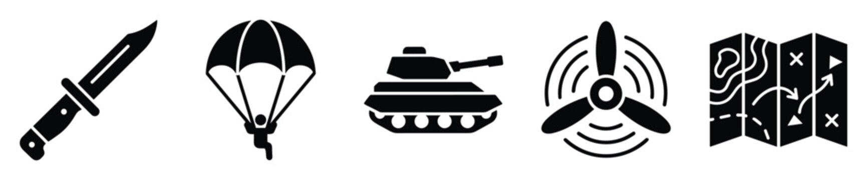 Vector glyphs depicting military elements like a combat knife, paratrooper, battle tank, aircraft propeller, and tactical map, perfect for defensethemed applications, war games, or