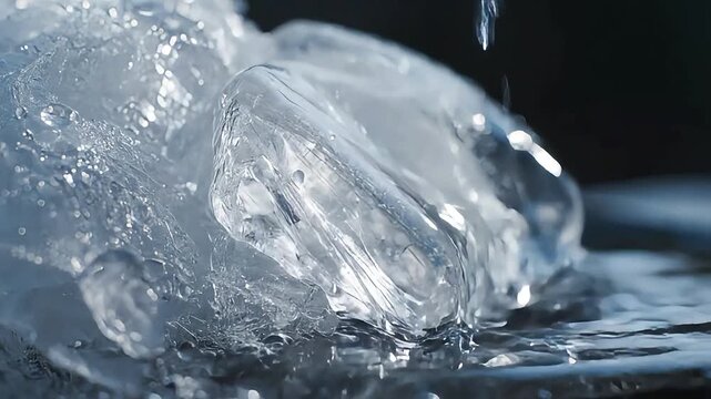 Water droplets fall on melting ice cube on dark surface