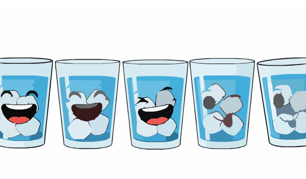 Happy water glasses with ice cubes horizontal lineup vector with cute hydration characters