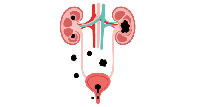 Illustration of human urinary system with kidney stones and bladder stones, medical diagram of urinary tract stones
