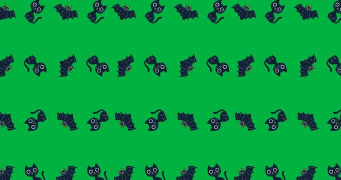 Halloween digital art features scary icons like cats and bats on a black background.