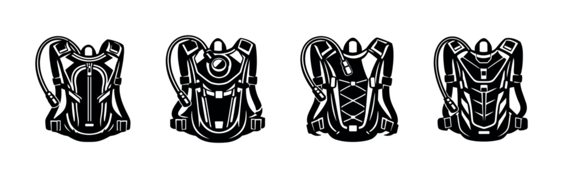 Vector illustration of four hydration backpacks black and white silhouette design