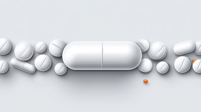 A collection of white and orange pills on a light background.