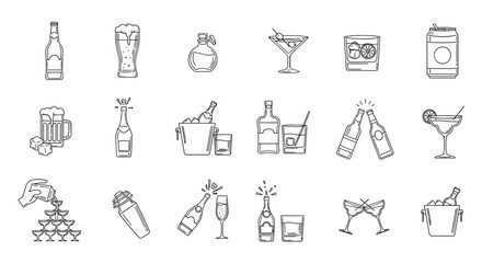 Naklejka premium Line art icons featuring various alcoholic beverages and drinking scenes. Includes beer, wine, cocktails, champagne, bottles, and glasses, perfect for party and bar-themed designs