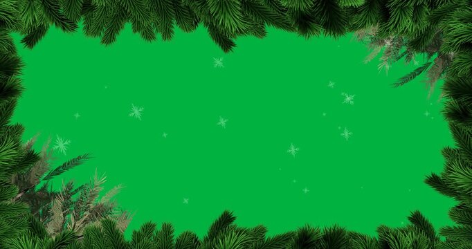 Digital animation of green tree branches over snowflakes falling against black background