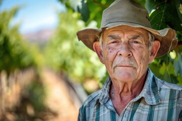 Fototapeta premium Senior farmer standing in his vineyard, enjoying a successful harvest season