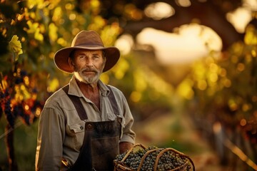 Fototapeta premium Senior winemaker holding basket of fresh grapes in vineyard at sunset
