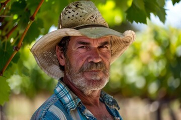 Fototapeta premium Portrait of a winemaker wearing a straw hat posing in his vineyard, checking the grapes