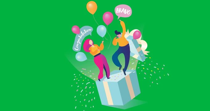 Digital animation of man and woman icon celebrating over a gift box against black background