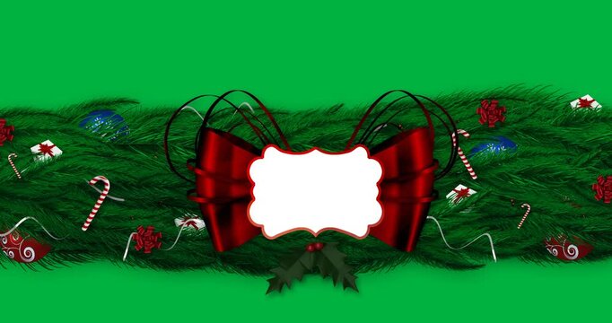 Ribbon banner with copy space over decorated green tree branch against black background